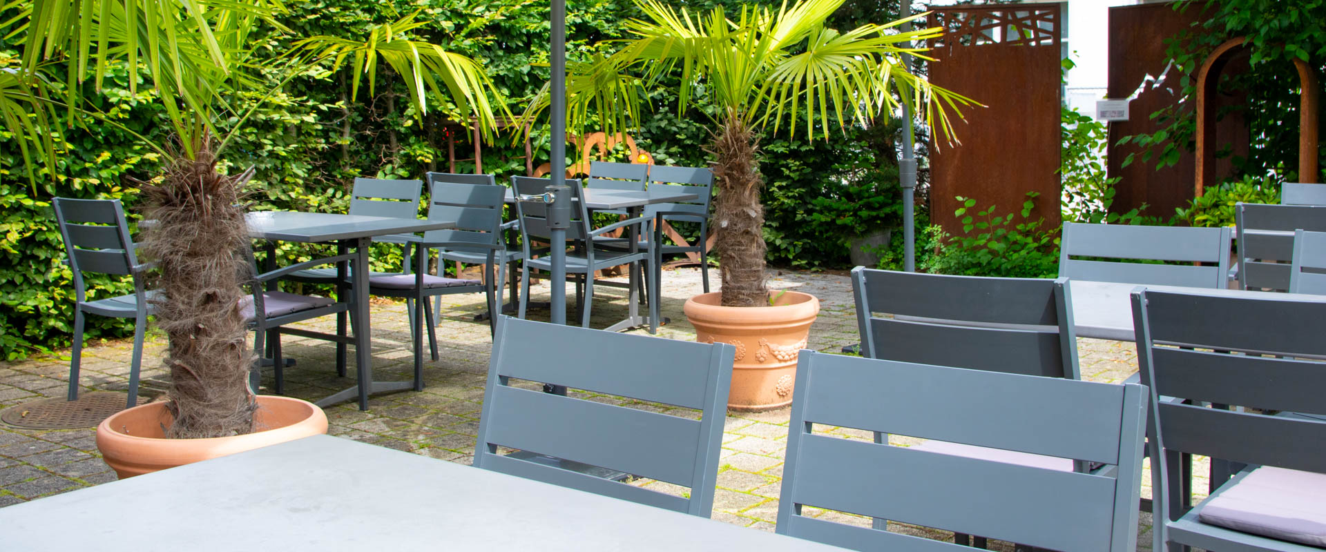 Sonnige Terrasse in Burgdorf mit Plamen und grossen Sonnenschirmen.