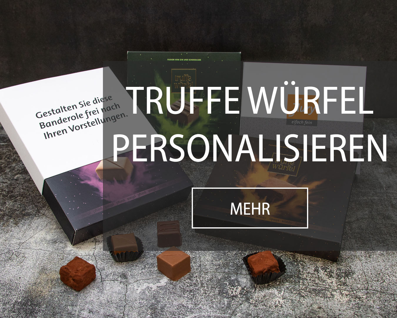 Truffe Würfel mit personalisierbarer Verpackung in Form einer frei gestaltbaren Banderole.