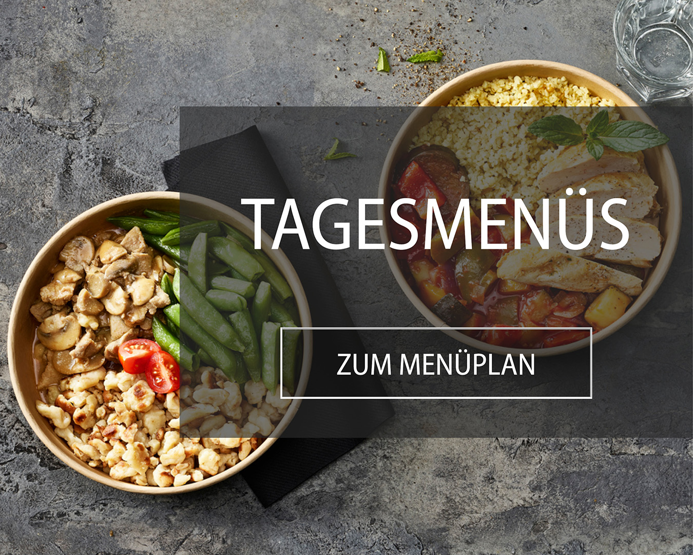 Tagesmenüs mit frischen Zutaten mit Fleisch oder vegetarisch.